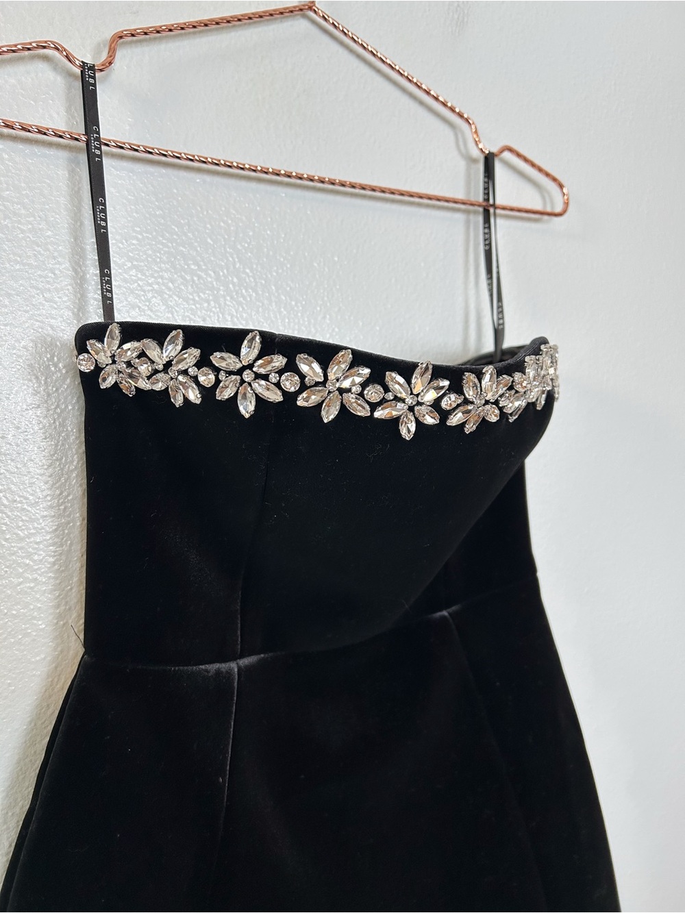 Club L London Strapless Black Velvet Mini Dress with Crystal Trim - Picture 4 of 9